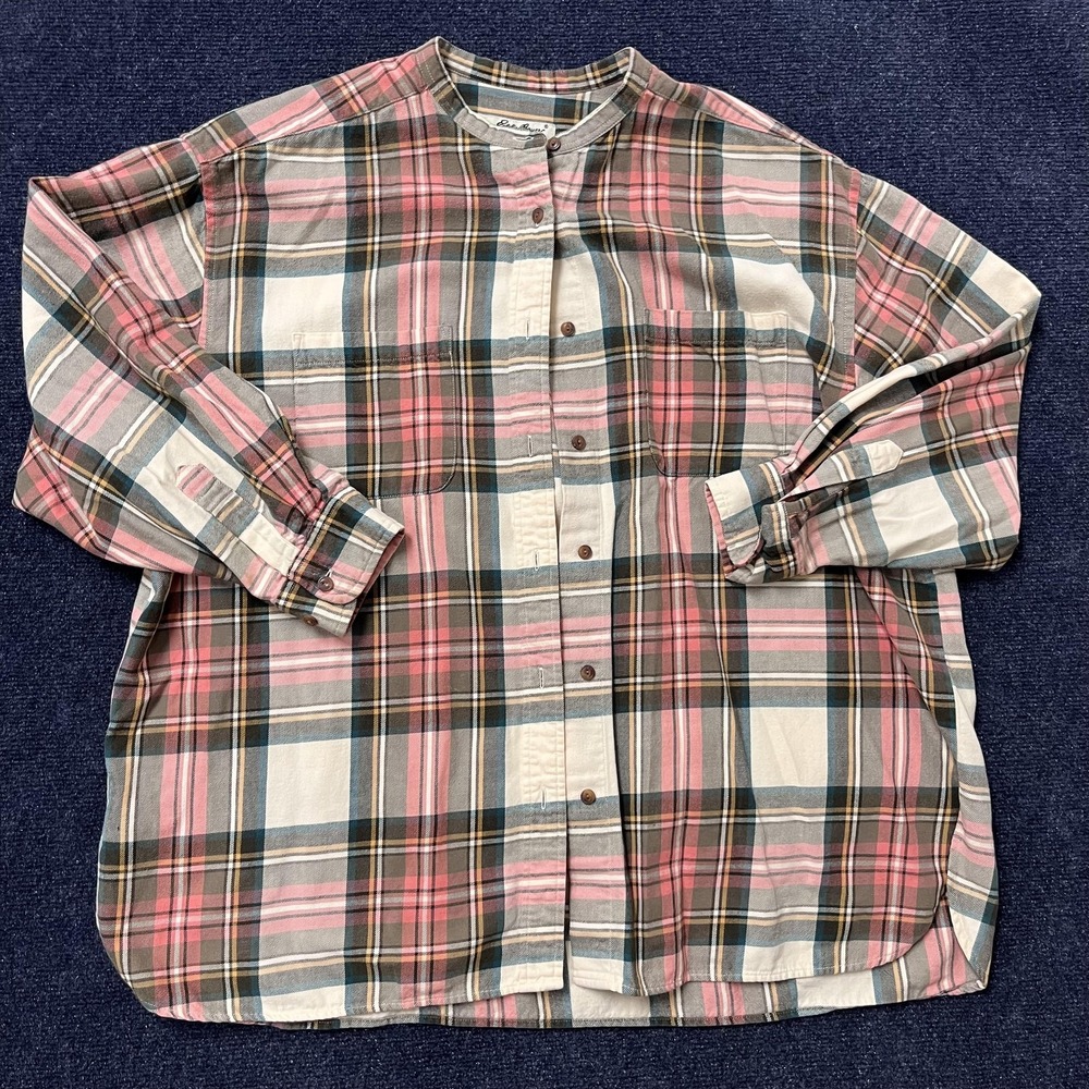 Eddie Bauer Shirt Womens XL Petite Pink Plaid Cotton Button Up Long Sleeve Top